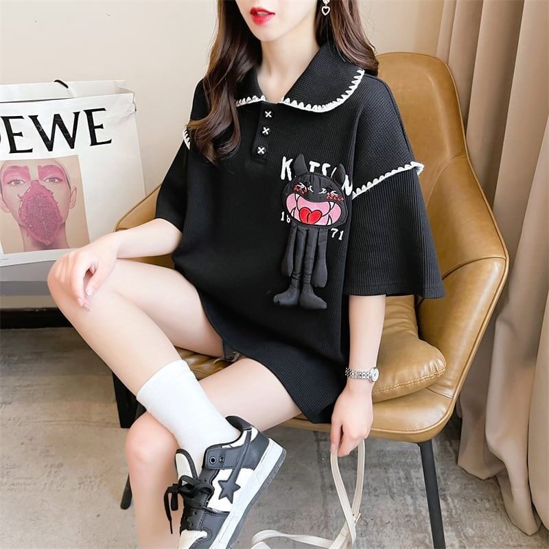 美人度アップ 折り襟 ワッフル ぬいぐるみ付き ロング Tシャツ ゆったり半袖 ＜S-2930＞