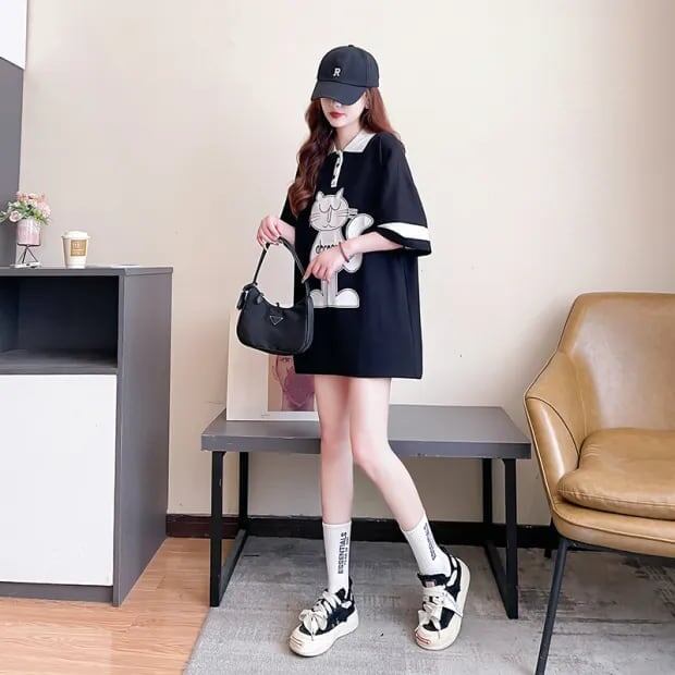 韓国系 猫柄 POLOネック ロング プリントTシャツ ゆったり半袖 ＜S-2894＞