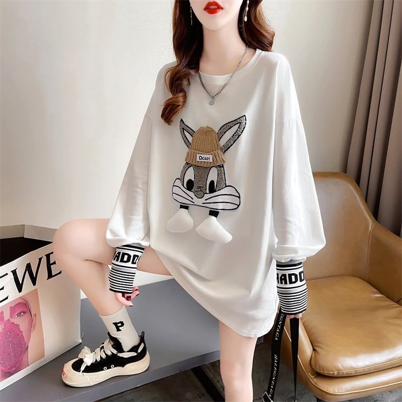 【秋の初めの割引！！】美人度アップ トップス ウサギちゃん 二色 長袖Tシャツ ＜S-4007＞