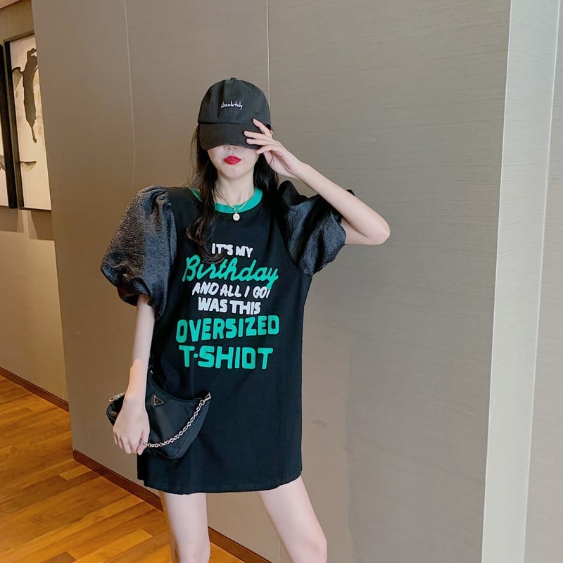話題沸騰中 パフスリーブ ファッション プリント 全2色 半袖 Tシャツ <S-8662>