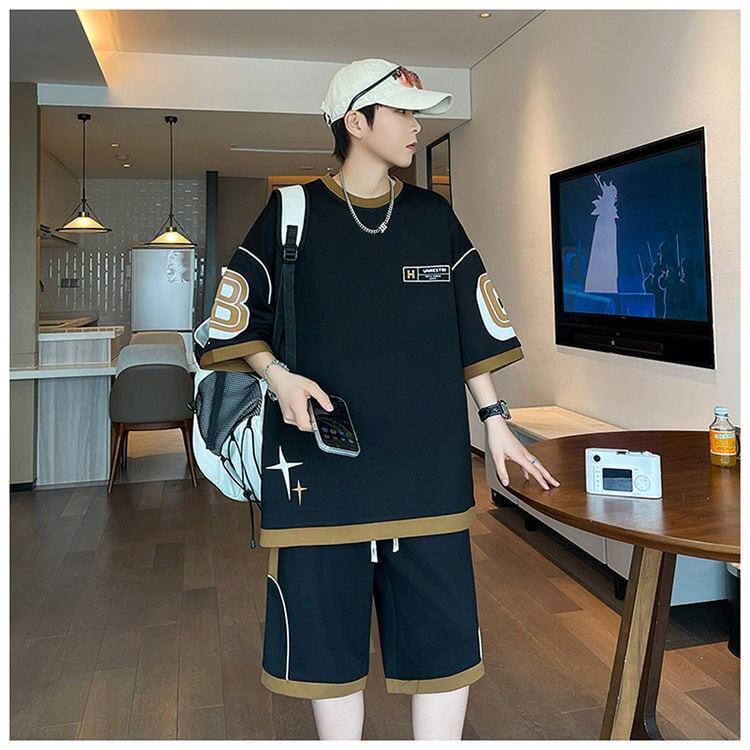 早い者勝ち カジュアル ファッション 切り替え 全3色 半袖Ｔシャツⅹパンツセット<S-8950>