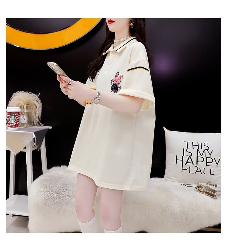 韓国系 ロング POLOネック Tシャツ 四色 ゆったり半袖 ＜S-2869＞