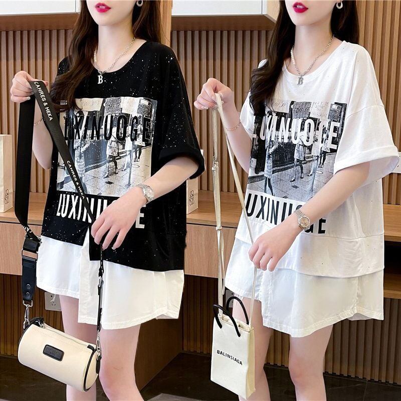 絶対流行 レイヤード風 レース プリント全2色 半袖Tシャツ<S-8821>