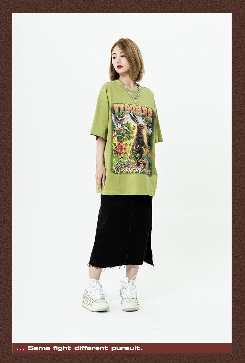 アメリカンレトロ絵画ウサギ半袖Tシャツカップル男女同スタイル<S-2910>