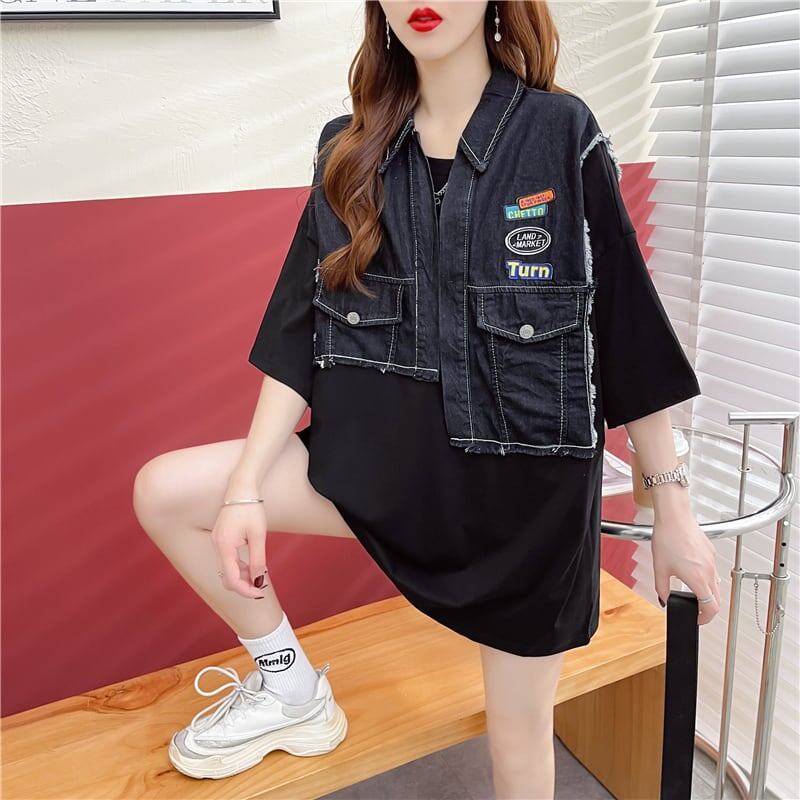 【半額！期間限定！！】新商品 レイヤード風 特別デザイン デニム 切り替え ゆったり 半袖Tシャツ＜S-8933＞