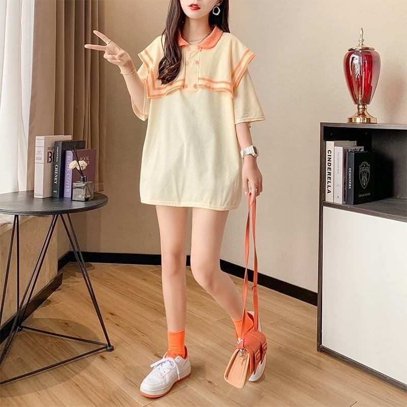 絶対欲しい ロング セーラーカラー Tシャツ 三色 ゆったりワンピース＜S-4028＞