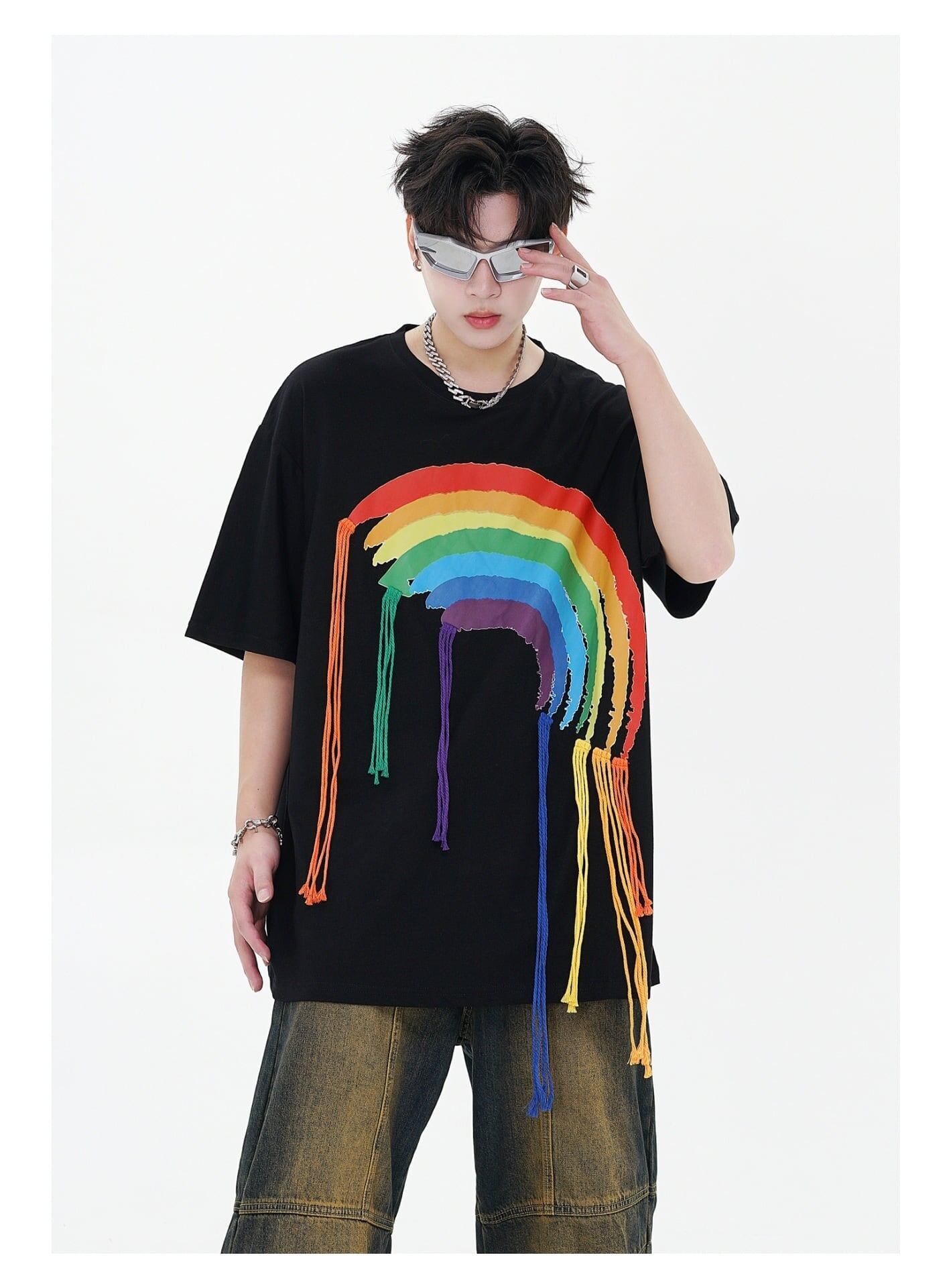 好感度UP 虹ロゴ タッセル ゆったり Tシャツ 全2色 ユニセックス半袖<S-4863>