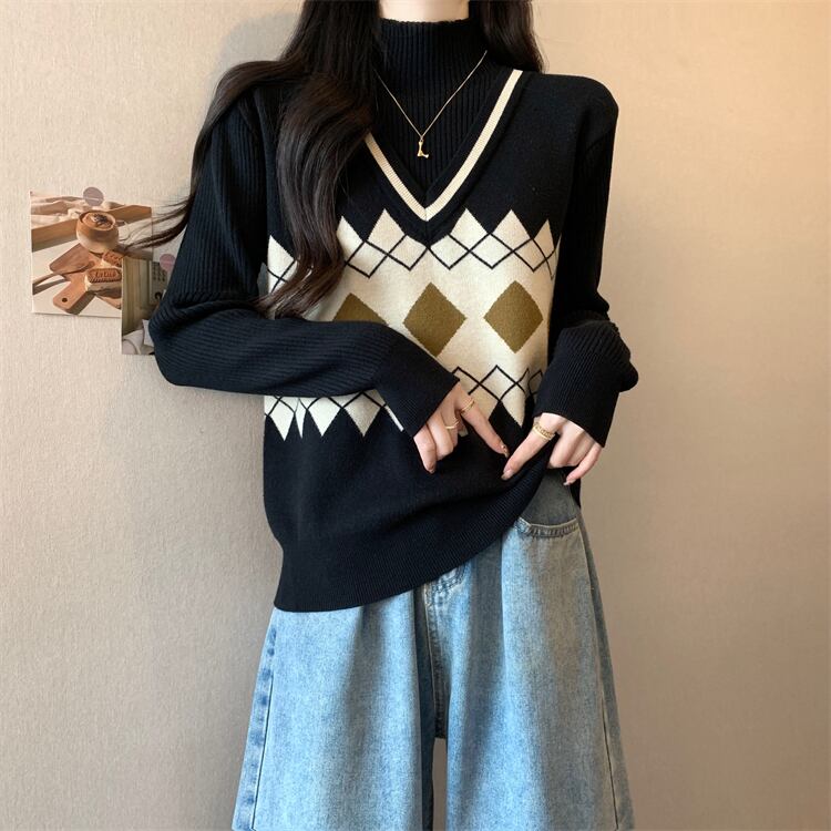 人気上昇中 レイヤード風 おしゃれ度高め 全2色 ニットトップス<S-9583>