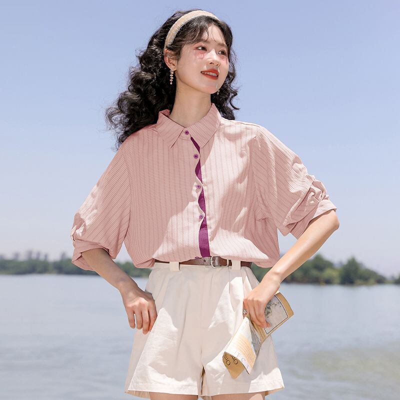 好感度UP 上質 美人度アップ 知的 ストライプ柄 3色選択 半袖シャツ＜S-9047＞