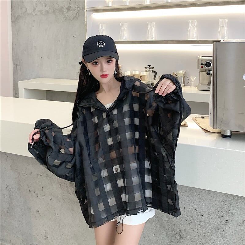 大人気 チェック柄 ゆったり 日焼け対策 UVカット 冷房対策 着?せ 長袖 フード付き シャツ ＜S-1910＞