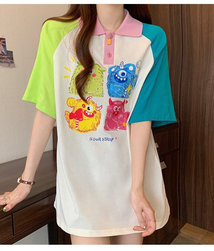 元気いっぱい カラーマッチング POLOネック プリント Tシャツ 半袖 ＜S-2979＞