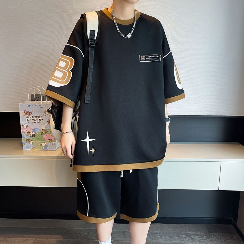 早い者勝ち カジュアル ファッション 切り替え 全3色 半袖Ｔシャツⅹパンツセット<S-8950>