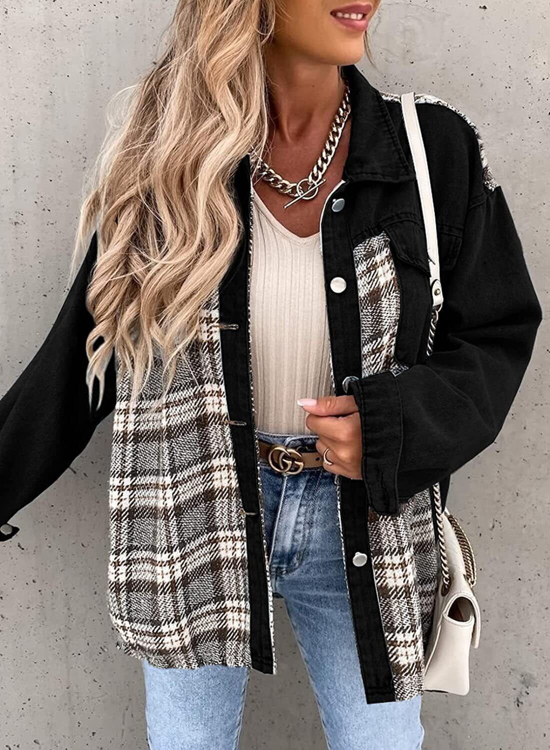 売り切れ必至 チェック柄 個性的なデザイン 切り替え デニム 全5色 Tシャツ ＜S-9265＞