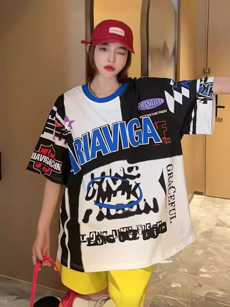 スタイルアップ効果抜群 レース アバンギャルド ダブルプリント全2色 半袖Tシャツ<S-8980>