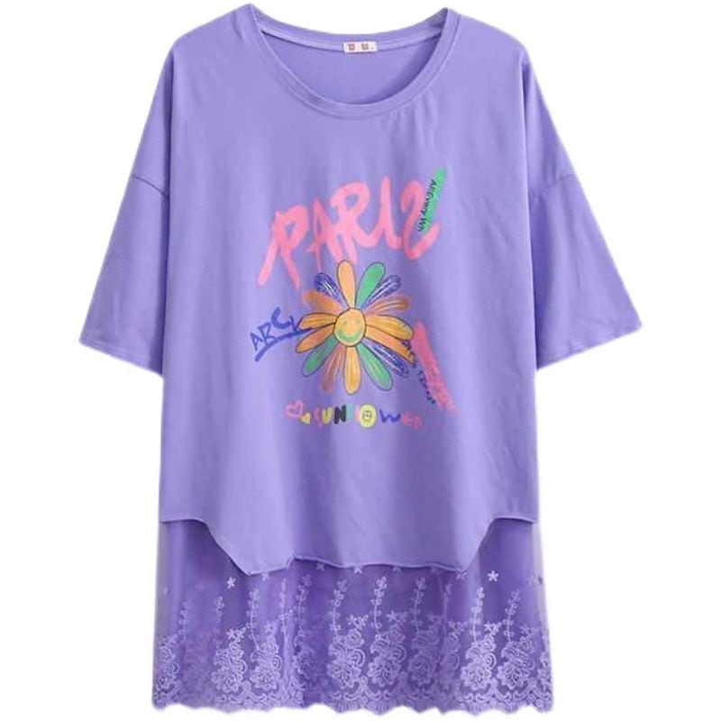 スウィート 花柄 レース アルファベット プリント ロングTシャツ ゆったり半袖＜S-2952＞