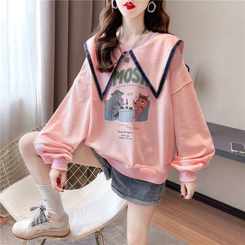絶対欲しい グラフィックプリント セーラ服の襟 三色 長袖Tシャツトップス<S-4036>