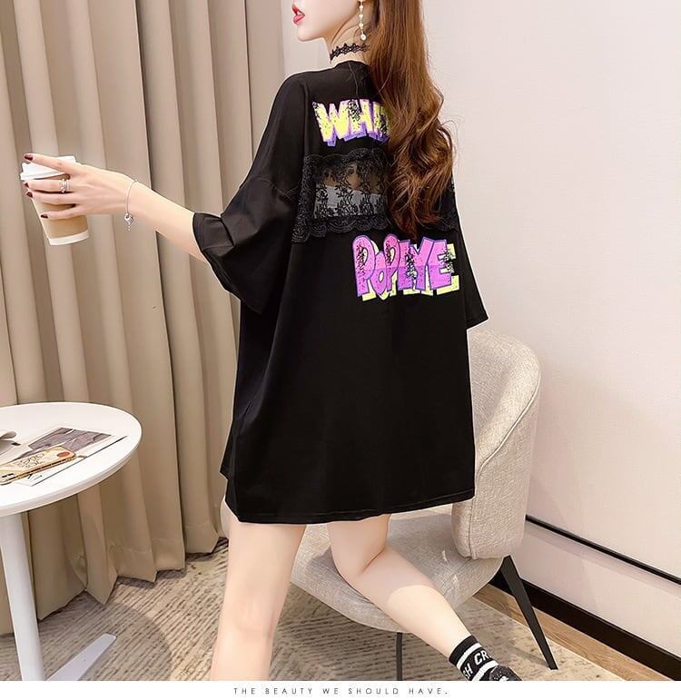 【半額！期間限定！！】グラフィック レース 透かし彫り ロング Tシャツ ゆったりワンピース ＜S-4021＞