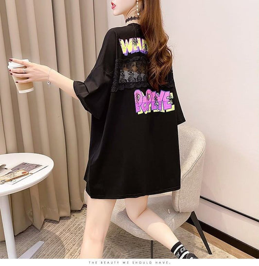 【半額！期間限定！！】グラフィック レース 透かし彫り ロング Tシャツ ゆったりワンピース ＜S-4021＞