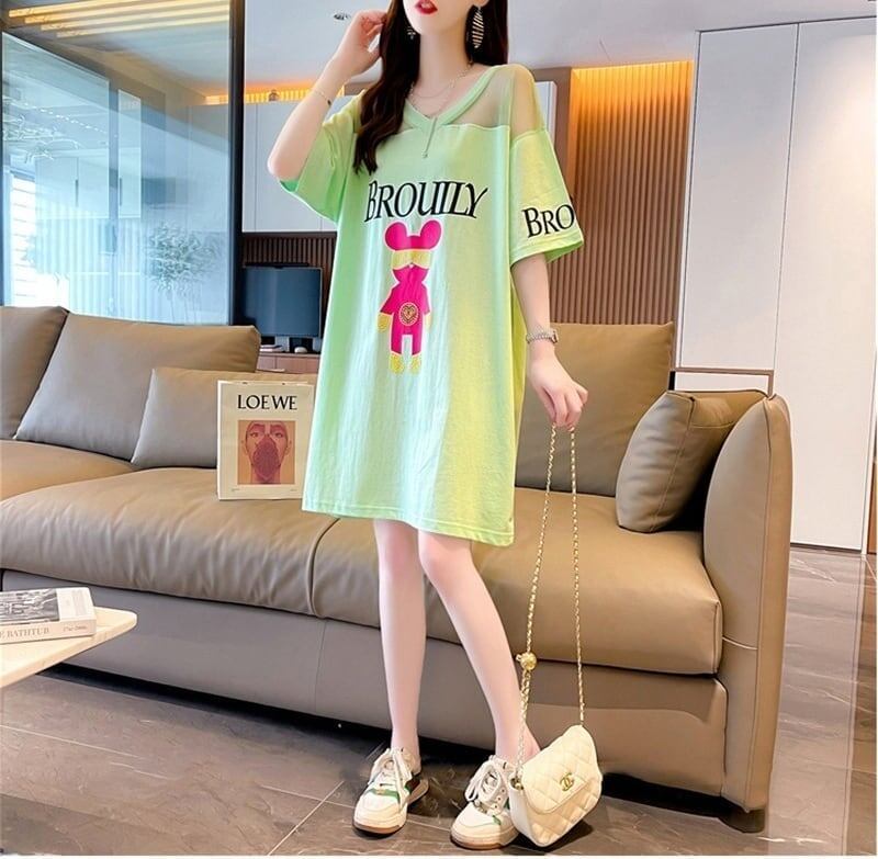 売り切れ必至 Vネック セクシー 切り替え チュール プリントTシャツ ゆったりワンピース ＜S-3050＞