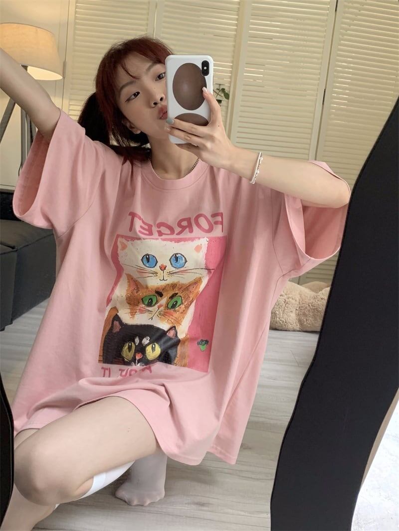 スウィート プリント 可愛いネコちゃん Tシャツ ピンク ゆったり半袖＜S-2973＞