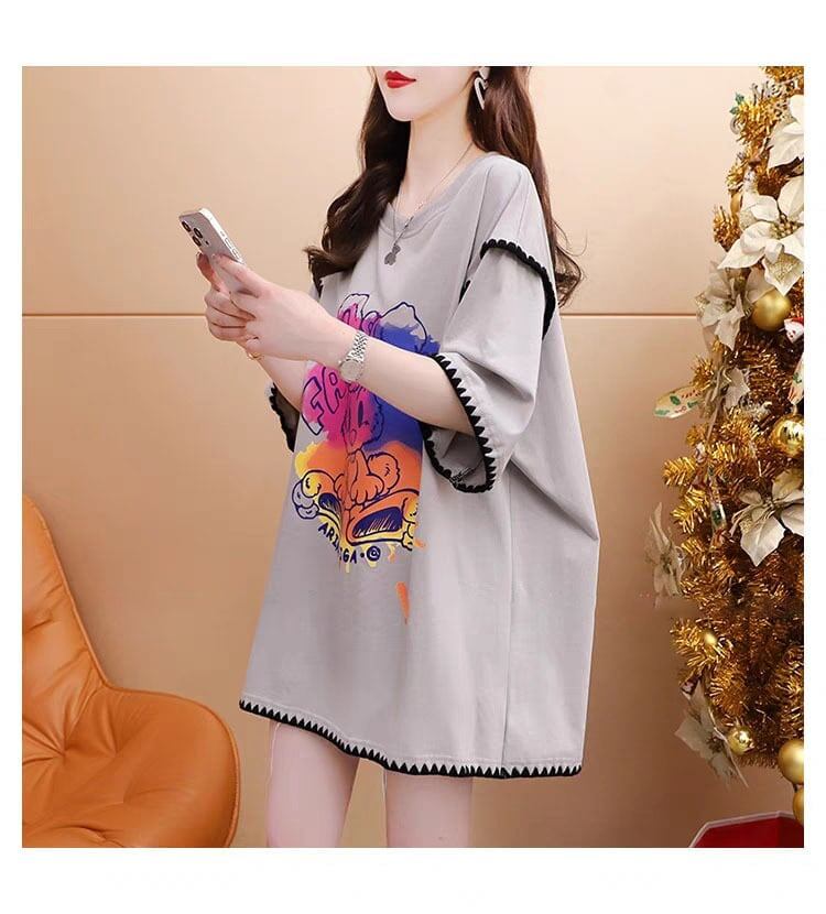 韓国系 ロング プリント Tシャツ 三色 ゆったり半袖 ＜S-2841＞