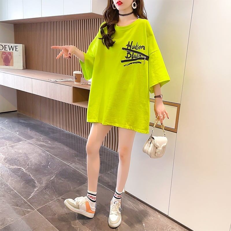 【人気商品再入荷！】   デザイン個性ゆったりミドル丈半袖Tシャツ<S-3036>
