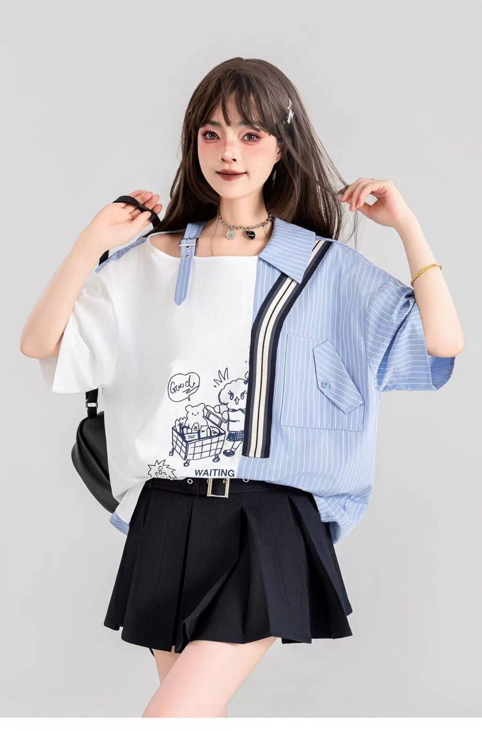 話題沸騰中 キュートストライプ柄 ファッション 切り替え 半袖Tシャツ＜S-8695＞