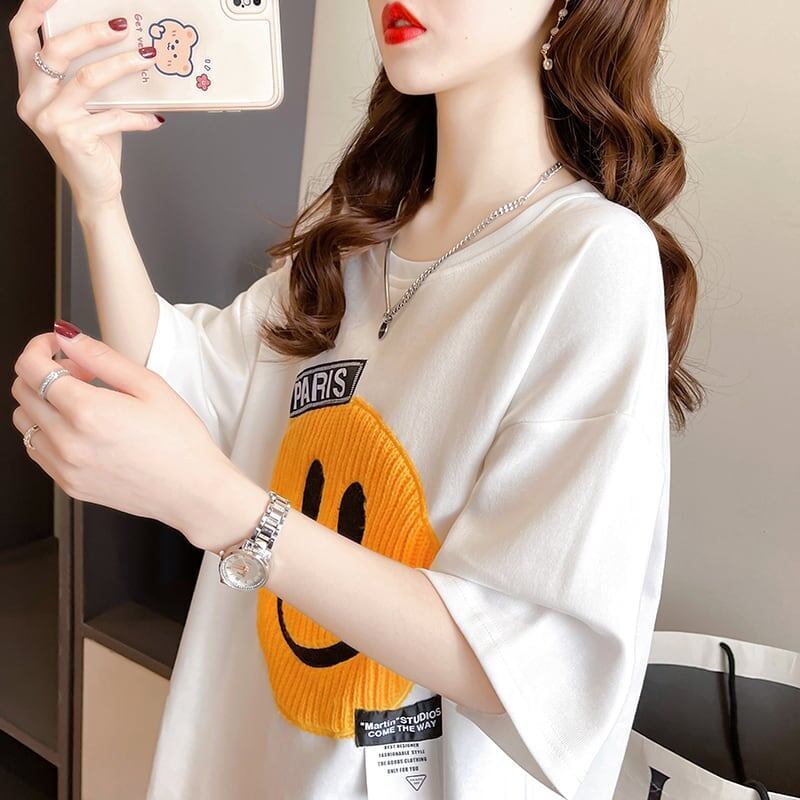 質感のいい ニコちゃん刺繍 スマイル ロング Tシャツ ゆったり半袖 ＜S-2947＞