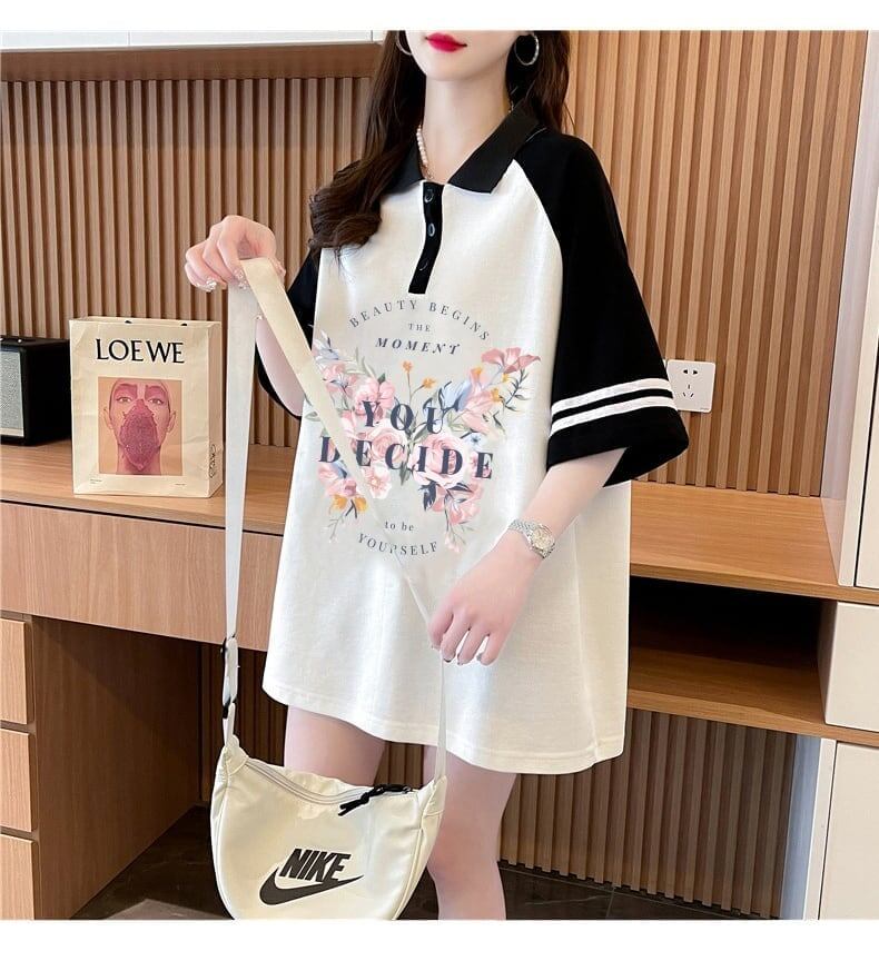 POLOネック プリント バタフライ ロング ラグランTシャツ ゆったりワンピース ＜S-3023＞