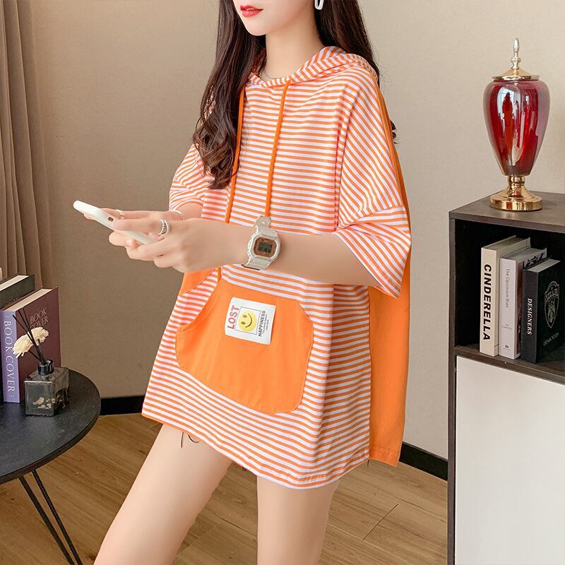 スタイルアップ効果抜群 ストライプ柄 アバンギャルド 切り替え レース プリント全2色 半袖Tシャツ<S-9111>