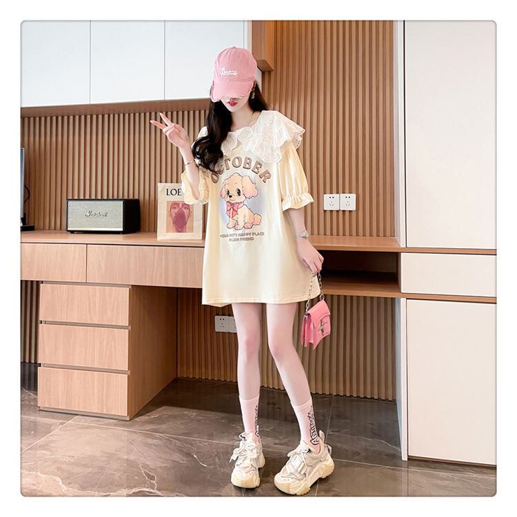 絶対流行 切り替え キュートプリント ゆったり 5分袖 Tシャツ＜S-8474＞