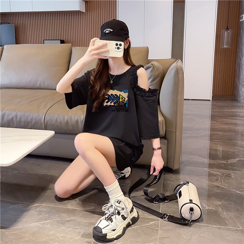 おしゃれ度高め レース 美人度アップ 切り替え プリント全4色 Tシャツ カットソー＜S-9213＞