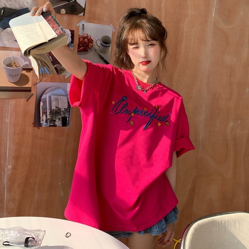 質感のいい アルファベット 刺?ロゴ Tシャツ ローズ ゆったり半袖＜S-2967＞