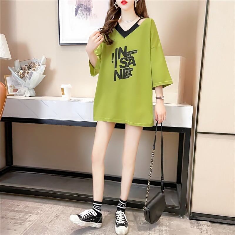 売れ筋 アルファベット Vネック フェイクレイヤード ゆったり 着?せ 半袖 Tシャツ ＜S-2005＞