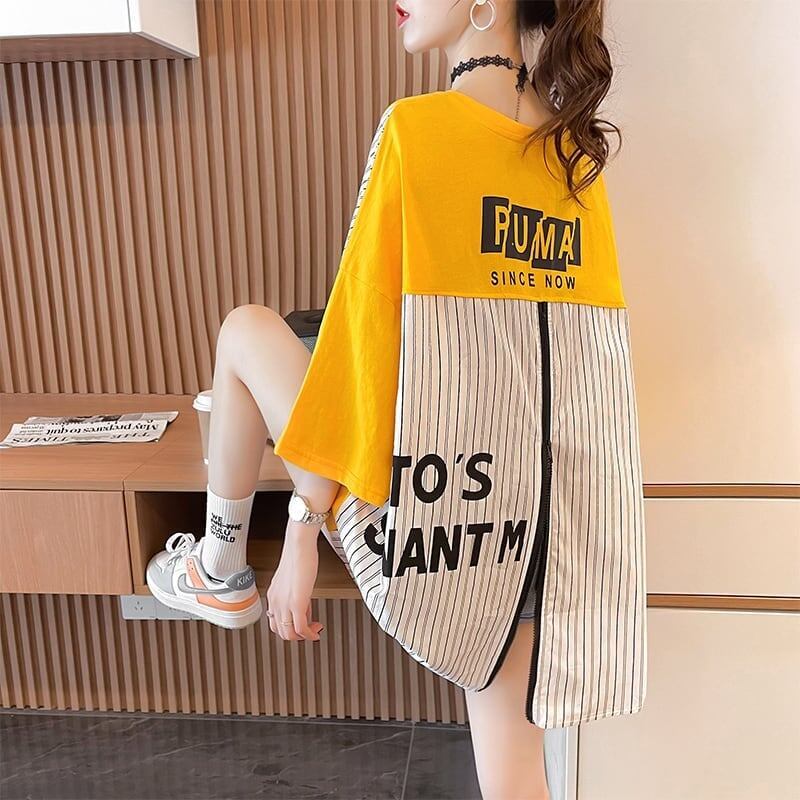 大好評 切り替え ストライプ柄 プリント ロング Tシャツ 三色 ゆったりワンピース ＜S-4012＞