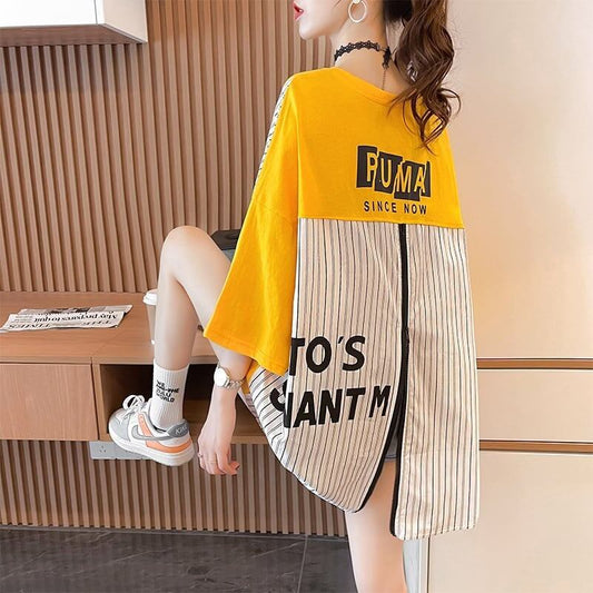 大好評 切り替え ストライプ柄 プリント ロング Tシャツ 三色 ゆったりワンピース ＜S-4012＞