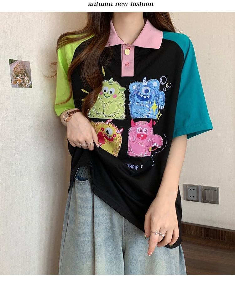 元気いっぱい カラーマッチング POLOネック プリント Tシャツ 半袖 ＜S-2979＞