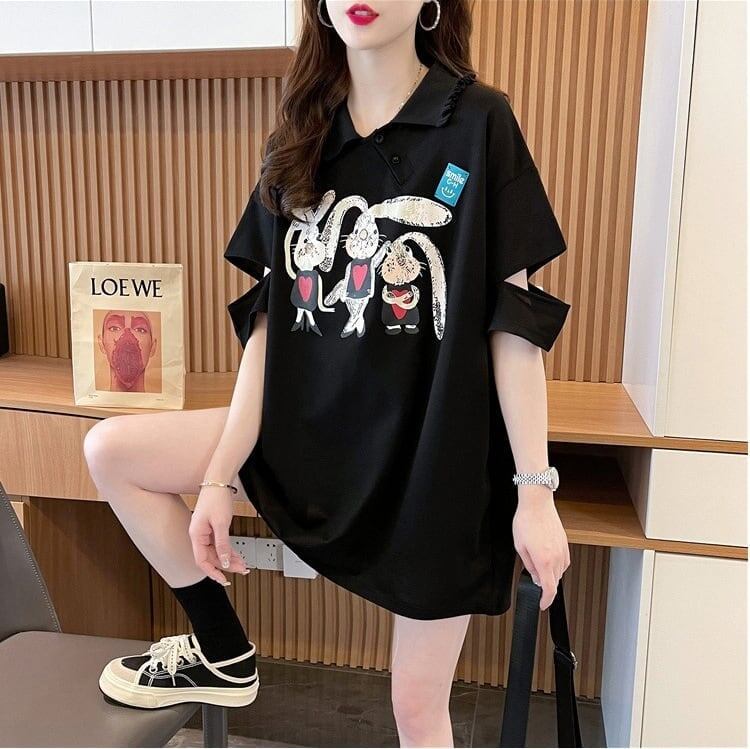 美人度アップ 折り襟 可愛いウサギちゃん プリントロング Tシャツ ゆったり半袖 ＜S-2956＞