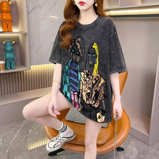 おすすめ ストリート系 ヴィンテージ加工 プリントTシャツ ゆったり半袖＜S-3022＞