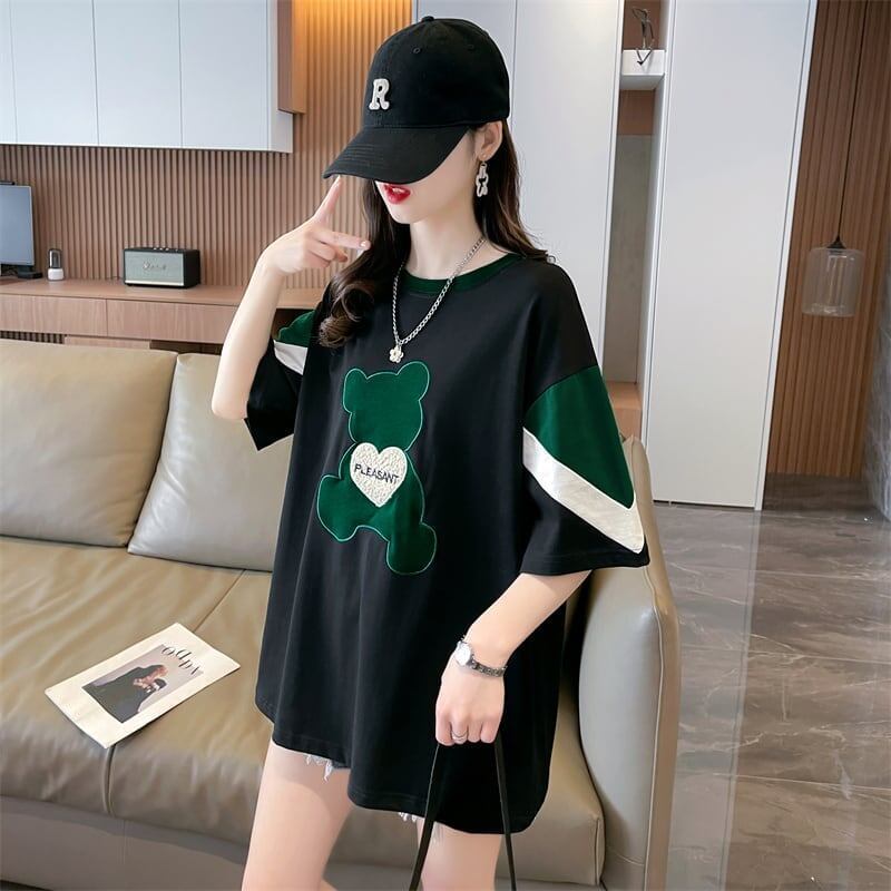 カジュアルルーズワッペン刺繍ステッチカラーブロック半袖Tシャツ<S-2870>