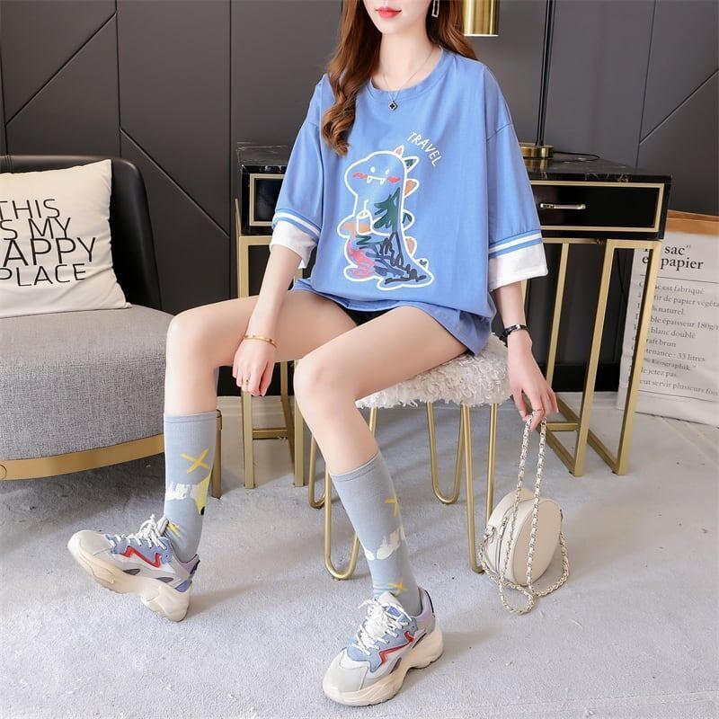 合わせやすい アルファベット ラウンドネック プリントTシャツ ゆったり ワンピース＜S-3992＞