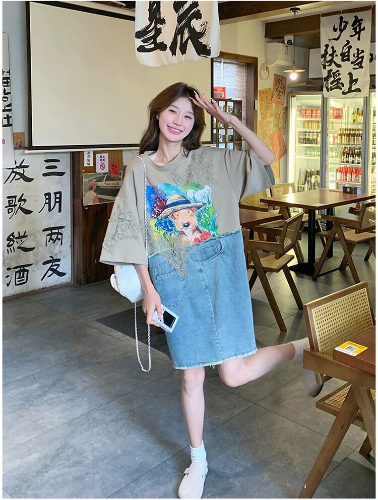 超人気 カジュアル ファッション デニム 切り替え プリント ワンピース＜S-8615＞