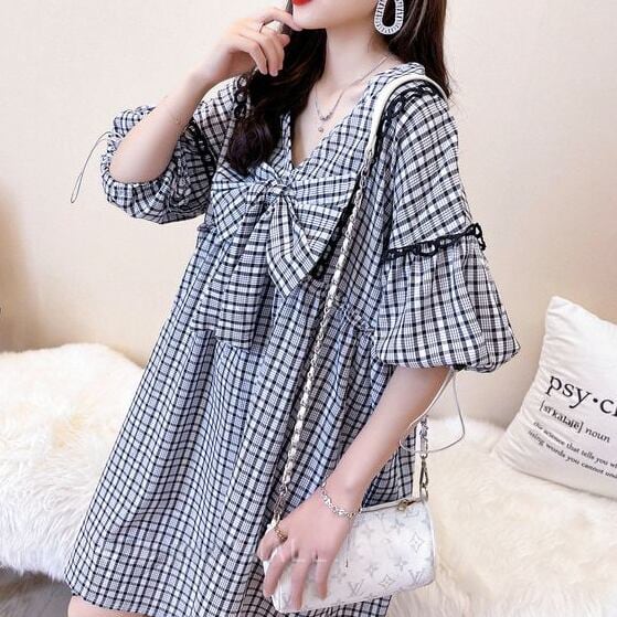 ベストセラーアイテム！絶対欲しい リボン 形が綺麗 チェック柄 ワンピース<S-9067>
