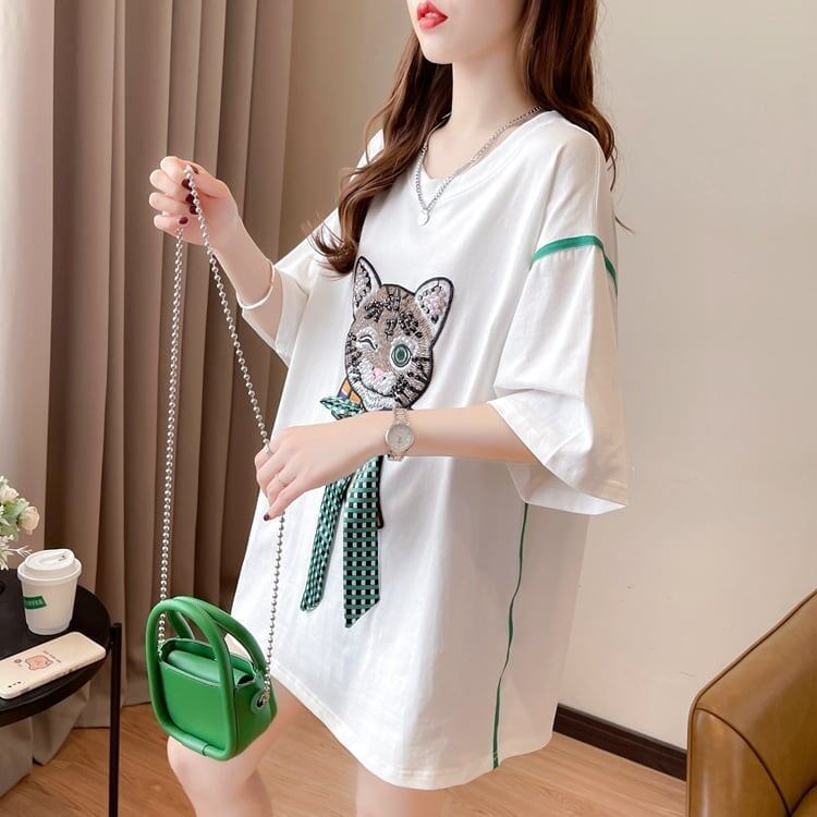 質感のいい 猫刺繍 立体のリボン ロング Tシャツ ゆったり半袖 ＜S-2919＞