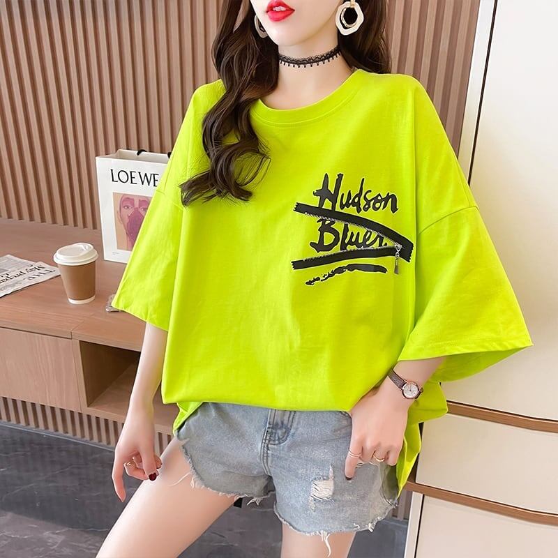 デザイン個性ゆったりミドル丈半袖Tシャツ<S-3036>