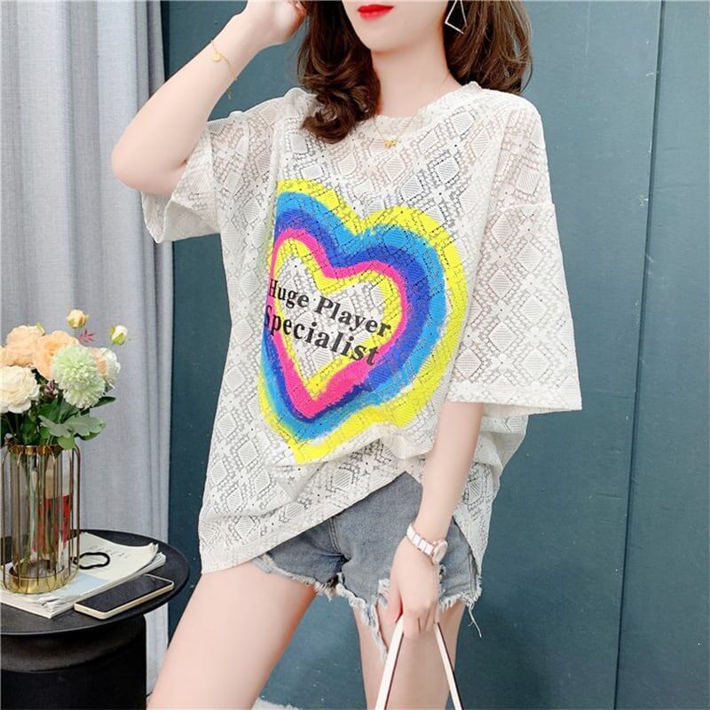 デザイン感 透かし彫り チャーミング プリント Tシャツ カットソー＜S-3115＞