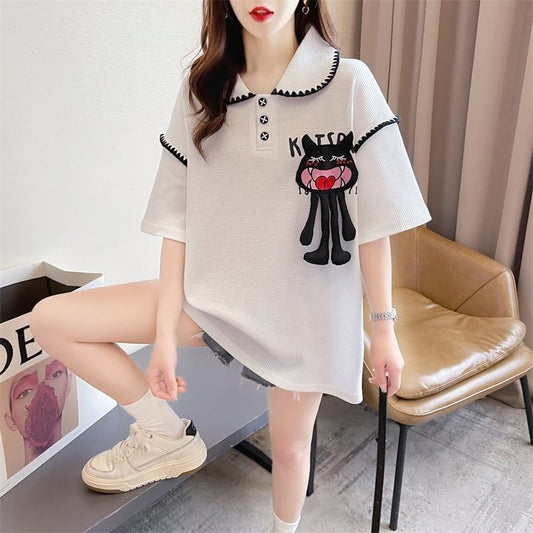 美人度アップ 折り襟 ワッフル ぬいぐるみ付き ロング Tシャツ ゆったり半袖 ＜S-2930＞