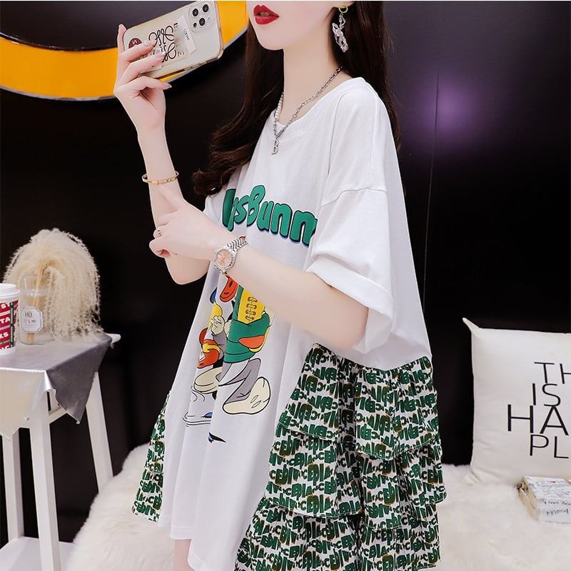 デザイン感 プリント チャーミング Tシャツ カットソー ワンピース＜S-3508＞