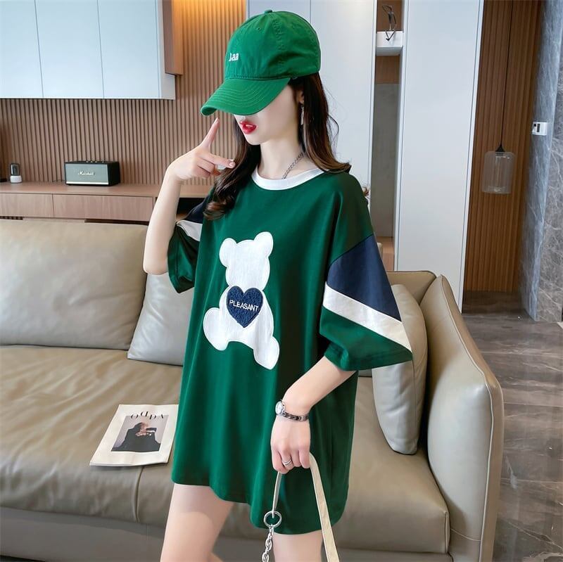 カジュアルルーズワッペン刺繍ステッチカラーブロック半袖Tシャツ<S-2870>