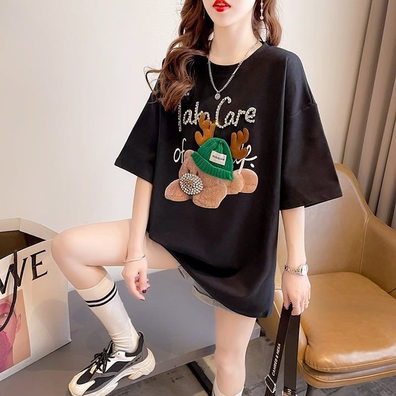 大活躍 ロング ビジューロゴ Tシャツ ゆったり 半袖 三色＜S-2922＞